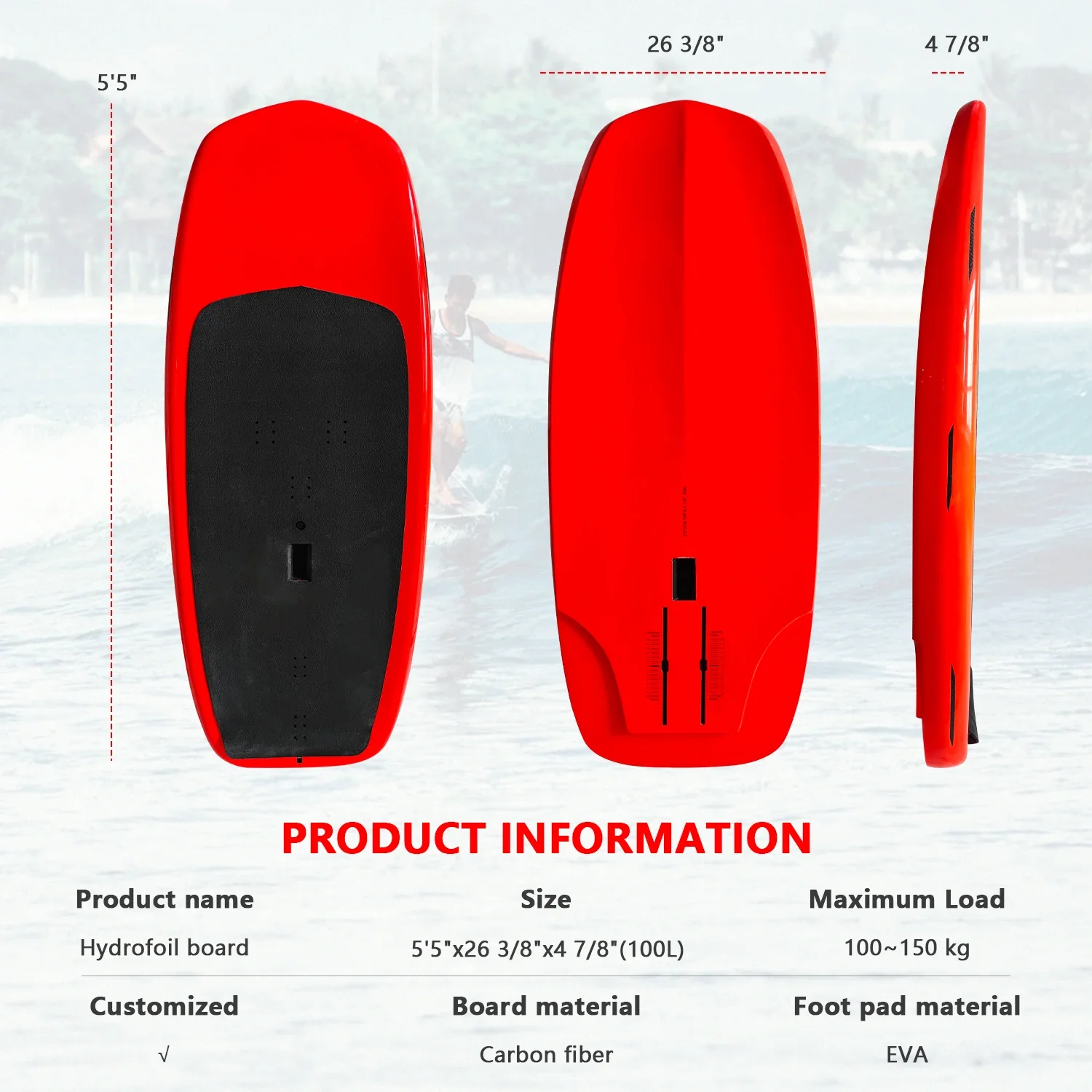 OEM Factory Carbon Fiber Surfboard - Hardtop 100L, Lightweight Hydrofoil Jumping Board