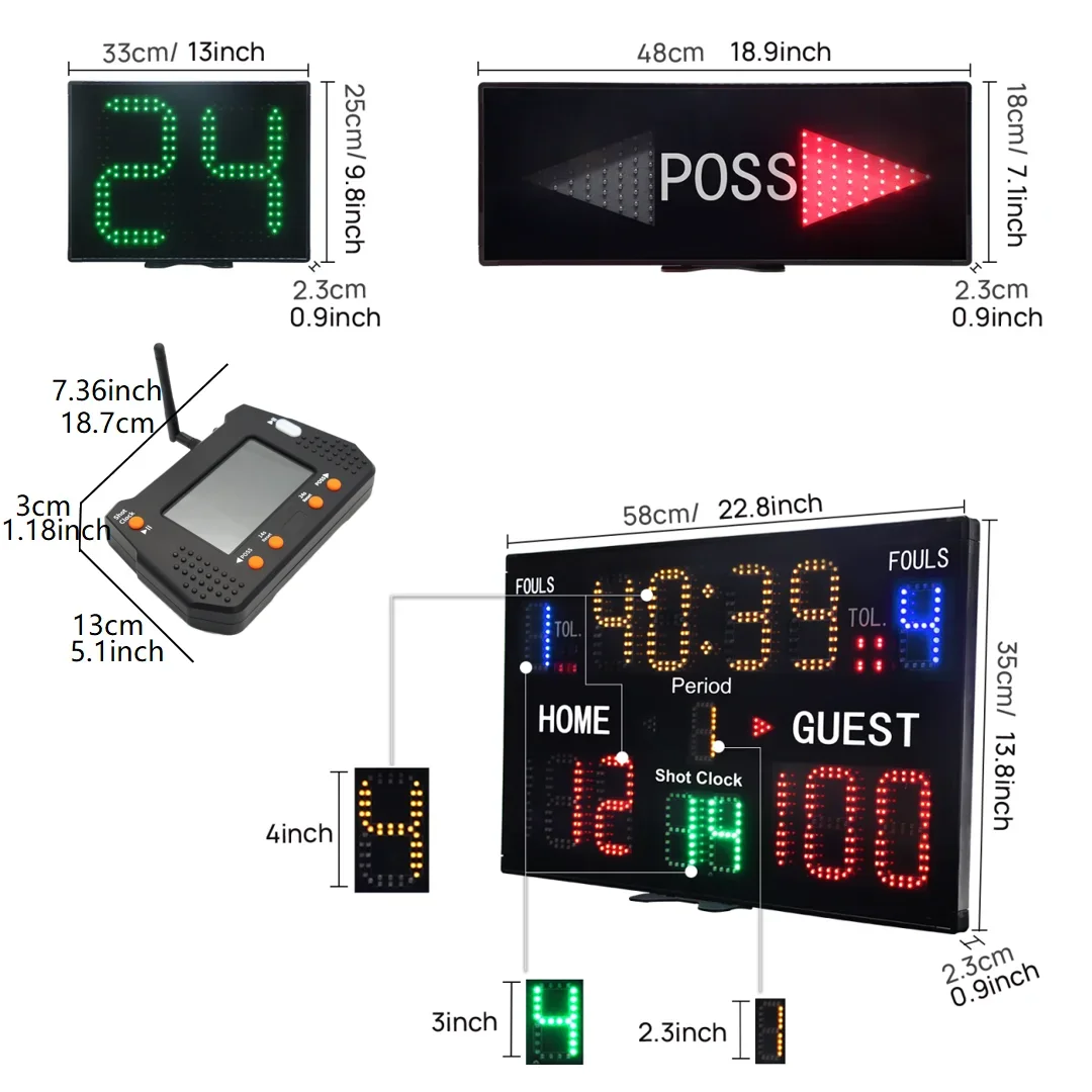 Digital LED Basketball Scoreboard with Built-in 18650 Battery or Type-C Power, Includes 24-Second Shot Clock