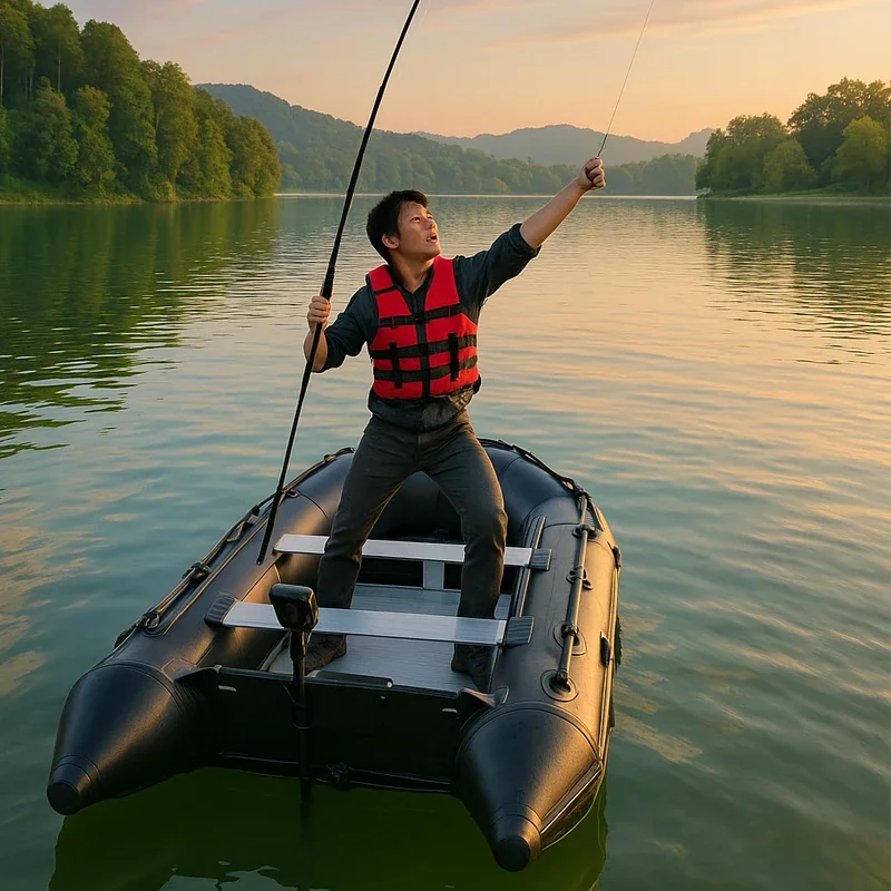 Black Inflatable Boat with 10hp Electric Outboard Motor Free Fishing Rod & Reel Combo, Rod Bracket, Life Jackets (Set of 4), Paddle & Rope